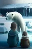 Placeholder: Niño y niña observan con tristeza cómo el glaciar se derrite y cae en el mar, a un lado un oso polar se con una mirada de preocupación