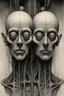 Placeholder: an old men , a thin line draw ، Siamese brothers with one body of two heads , front view camera, decayed and rotting with grotesque proportions and imagery. surreal horror, biomechanical design, by hr giger and beksinski , fine lines draw