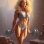 Placeholder: blonde female bodybuilder, castle fortress by thomas kinkade gerald brom whelan