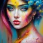 Placeholder: iv_a painting of a young woman, figurative art, an acrylic detailed painting, , brush strokes, paint drips and drabs and splatters by Harumi Hironaka, turquoise pink and yellow, james terrell art, trending on artstation, soft lines,intricate art by bastien lecouffe deharme and greg rutkowski