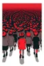 Placeholder: "A conceptual black-and- dark Red digital illustration of a massive children walking in the same direction, heads down, symbolizing conformity. The atmosphere feels lifeless and repetitive, emphasizing the ordinary mindset of the majority."