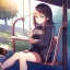 Placeholder: anime girl sitting on a porch swing, drinking a cup of coffee, writing in a book