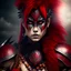 Placeholder: Barbarian anime character, animal hide armor, physically fit, tribal tattoos, scars, washboard abs, red facepaint, red hair, dark eyeshadow, intricate eyeliner, soft round eyes, beads in hair, 8k resolution, cinematic smooth, intricate details, vibrant colors, realistic details, masterpiece, oil on canvas, smokey background