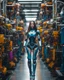 Placeholder: potrait cinematography colors a beautiful woman long hair humanoid robot walking in between two rows of complex machinery with vibrant colors