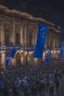 Placeholder: A full street in a big city with frech style building. The street is filled with blue flags held by people late at night