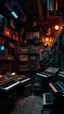 Placeholder: Si-Fi, The permanent under atmospheric lighting effects, a whole wall filled with synthesizers and electronic devises . intricate historical moody atmosphere, eerie grimdark ambiance, complex motherboard accents, speculative fiction art. Bokeh