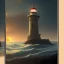 Placeholder: franz frazetta style,lighthouse near the coast, sea in the distance, sunset