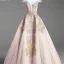 Placeholder: stunning couture gown designed by Marchesa inspired by fairytales, realistic, detailed, high quality, intricate, dreamlike background, soft pastel colors