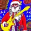 Placeholder: hippie Santa playing electric guitar psychedelic peace sign, MUSHROOMS, TRIPPY, ACID, LSD