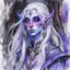 Placeholder: dnd, fantasy, watercolour, large strokes, stylistic, portrait, illustration, dull colours, woman, dark elf, drow, face, narrow long face, cruel face, cold demeanor, purple eyes, piercing eyes, vicious expression, white hair, very long hair streaming down the shoulders, lush hair, elegant, short small mouth, cruel smile