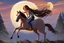 Placeholder: a long, brown-haired girl rides a horse dynamically across the night sky, leaping over a pile of different cookies. Shining moon, in starshine