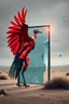 Placeholder: vibrant artwork featuring a red mechanical vulture made of scrap metal rearing against an arafed damaged glass door with frame standing in the middle of a desert, amazing reflections, amazing verticals, dramatic, dynamic, anxiety vibe, background is a blend of gray tones and random splinter glitch fragments in cobalt blue and yellow, creating an unnerving atmosphere