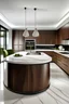 Placeholder: Kitchen, modern style, poliform, dark walnut timber veneer, curve island bench, marble bench top, cook top, grey tile floor