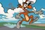 Placeholder: mostly sky, ground line at bottom, small cartoon road runner on the bottom right running towards the right side, leaving behind a puff of smoke. style of looney toons cartoon