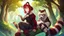 Placeholder: 5Girl, red hair, raccoon ears, raccoon tail, raccoon face, forest, sit on tree, raccoon paws on hand, paws on foot,