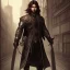 Placeholder: Male, Human, dark long hair, Black Eyes, Young, Photorealism, Full Body Shot, City Background, sharp focus, dark, black, steampunk, sword