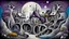 Placeholder: whimsical weird houses in weird whimsical landscape between two long thin bridges, surreal vibe with abstractions, around surreal cracked painted weird land with rocks, trees, two moon, deep dark purple, gray, black, white, brown pale blue colors. style of Chagall , of Minjae Lee and Tim Burton, absurd beauty picture. weird bizarre absurd, nightmare, big neuron network clouds background and thin bridges, too big, too elongated shapes, psychedelic dream