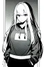 Placeholder: girl in love with long hair thinks in a loose sweatshirt, line arts, greyscale,