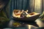 Placeholder: strong mouse in cheese boat, in monlit forest by stream, book illustration, fine detail, 4k, trending, volumetric light, depth of field