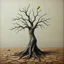 Placeholder: minimal Painting. Rock music cover Art. A dried oak tree, like a human profile. Dry and cracked ground. Surreal. A dried oak tree, which has sprouted a green bud