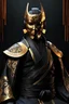 Placeholder: octane render of cyberpunk Harrison ford with a samurai mask on, by Tsutomu nihei, chrome silk with intricate ornate weaved golden filiegree, dark mysterious background