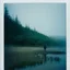 Placeholder: A polaroid photo of a group of fir trees in the background and a high hill in the distance. A person. A lake. The surface below is in a pastel color. Fog is present.