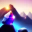 Placeholder: photograph of a (one massive colorful crystal:1.2) growing out of the rocky mountain, (focus on crystal:1.2), 4k, 8k, (highly detailed), ((landscape)),(translucent crystal:1.1), light going trough the crystal, bokeh, chromatic aberration, mountain view, blue and pink background