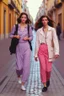 Placeholder: mujeres caminando por una céntrica calle de una ciudad española, visten ropa de segunda mano, es la moda y es tendencia, fotografía real, de cara a la cámara