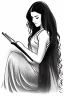 Placeholder: Pencil sketch of Young woman, Arab features,sad, long wavy hair, reading a book, full body، on lined paper