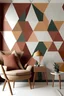 Placeholder: Create handpainted geometric wall mural with interlocking triangles, creating a harmonious composition using warm and grounding colors."