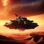 Placeholder: volumetric dramatic desert Battle scene with futuristic hovering military armored Hovercraft painted by chris foss, floating, 4k, 8k, Minutiae, highly detailed, With laser Turret, pennant, hovering, stripes, sunset, duststorm, nimbus clouds, tornado]