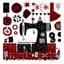 Placeholder: a Christmas card in a graphic style, a sewing machine made of tailoring accessories, threads, buttons. Red, white and black colors. Christmas elements