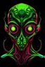 Placeholder: Vibrant Vector Art, Front View, alien robot, green and pink lava veins, stylized, half body, half skin, black background, 100 eyes, wide face,