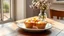 Placeholder: close up three delicates tart cakes filled citrone creme on a nice ceramic plate on a wooden table. professional food photo, Natural, warm sunlight streams in from a window on the left, casting pleasant shadows and creating a cozy, vase with meadow flowers, relaxed morning atmosphere