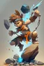 Placeholder: Create an artistic representation of Pelter in a dynamic pose, showcasing his slingshot and the pebbles he fires. Focus on capturing his adventurous spirit and mischievous demeanor.