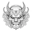 Placeholder: White, minimalis line art , oni mask japanes scarry, vector, white background, outline, with images neatly contained within the background, just black and white color,