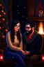 Placeholder: Fire place Christmas scene, dark haired couple, man with short black beard and glasses, woman with long hair, blue eyes, young couple, graphic