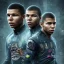 Placeholder: lionel messi and kylian mbappe perfect face and portrait post-apocalypse perfect cyborgs in a cyberpunk city, sci-fi fantasy style, 8k,dark