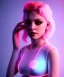 Placeholder: Artist, young madonna, android woman, sweet, blonde, white skin, long eyeliner, contour make-up, color leds lights, short hair, circuits, cyberpunk, latex coat, feather, cyber punk, neon, bamboo, blood, portrait, studio photo, unreal engine 5, soft color, 16 bit, god lights, ray tracing, RTX, lumen lighting, ultra deatail, volumetric lighting, 3d, finely drawn, hd.