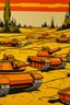 Placeholder: An orange colored battlefield with tanks painted by Roy Lichtenstein