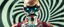 Placeholder: cyber jobe, lawn mover man movie character, portrait of upper body of cool transparent guy made with nano tape and with shades and mustache and bald head, saw blade beholder eye tyrant flating beholder kin with eyes on each saw blade tooth saying something profound, hypnotic zebra twirl background, with chrome reflections, like he is floating in a giger cartoon