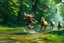 Placeholder: oil painting ,motion blur running caped long haired pixie Quickling - Forgotten Realms dodging birds above water and along winding branches in lush green forest along speeding horses , bokeh like f/0.8, tilt-shift lens 8k, high detail, smooth render, down-light, unreal engine, prize winning