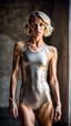 Placeholder: beautiful anorexic woman, total shot, short grey metallic triathlon swimsuit, short blond wavy bob hair, blurred concrete background