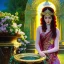 Placeholder: Hyperdetailed oil on canvas, young annie henley at a temple fountain, beautiful, detailed face, long dark hair, surrounded by luminous colorful sparkles, airbrush, depth of field, raspberries, blackberries, octane render, by gaspar camps, maxfield parrish, alphonse mucha, cyril rolando, volumetric lighting, dusk, 16k