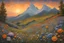 Placeholder: " The sleeping Giant" A From a dormant slumber, the sleeping giant transforms into majestic, serene mountains, adorned with breathtaking beauty and teeming with vibrant, nature's life. By Klimt style, style of Jean-Baptiste Monge, van Gogh style.so many kind of flowers trees ,, wildflowers Klimt style. sunset. background, masterpiece, best quality, super detailed, high resolution, very detailed, 8k uhd, realistic, (natural light), amazing, fine details, best, high quality, RAW photo. Arte Nova