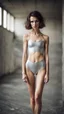 Placeholder: beautiful anorexic woman, total shot, short silver swimsuit, short brunette wavy bob hair, blurred concrete background