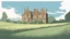 Placeholder: disused, Victorian manor house, blue sky, over-grown fields, vector art