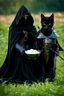 Placeholder: a full-length photograph of a [black-robed hooded Nazgul from the [Lord of the Rings] movies, articulated metal gauntlets] stands over a [small black kitten] which laps from a [small bowl of milk] on the ground, a [huge black warhorse, black saddle] in the background, depth of field, green meadow, mood ominous --style raw