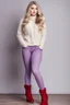 Placeholder: beautiful 18 year old girl with ash blonde hair and blue eyes with her curvy hair down, wearing a long-sleeved woollen top, and lilac long leggings, with long red boots full body shot