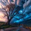 Placeholder: Ground level view of a dramatic storm clouds and blue moonlight glow on an aesthetic remarkable old white oak tree, river, winding path, remote village & mountains, by tomasz allen kopera, dariusz zawadzki, andreja peklar, ivan shiskin, beautiful, colorful, cosmic, ray tracing, sharp focus, hyper detailed,hyper realistic, 50mm prime lens, Rendered in Cinema 4D, awestruck, intricate, lightning,